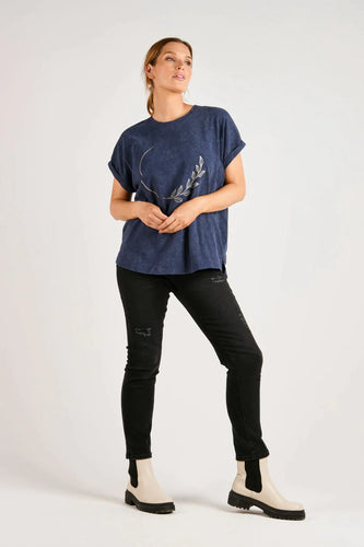 One Ten Willow  Cuff Sleeve Floral Circle Tee - Washed Navy